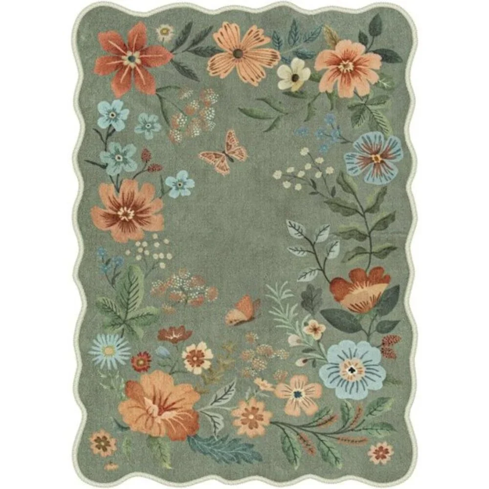 New 5x7 Green Floral Area Rug, Washable Non-Slip Low-Pile Carpet for Living Room